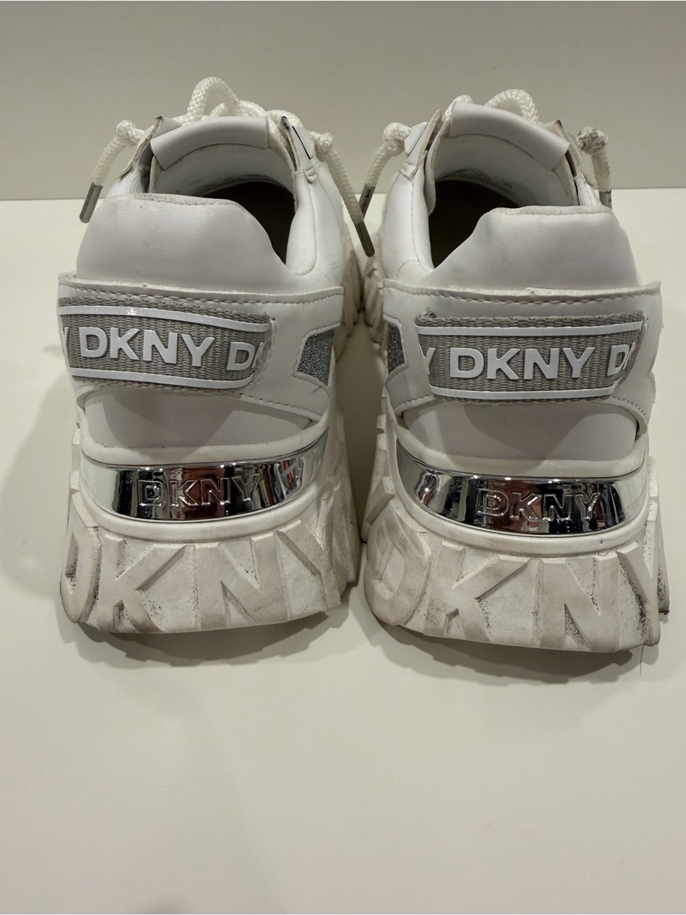 DKNY White Sneakers with Silver Accent Heel